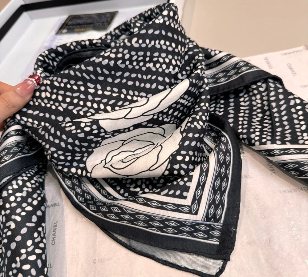 Chanel Polka Dot & Camellia Silk Scarf (Black & White)